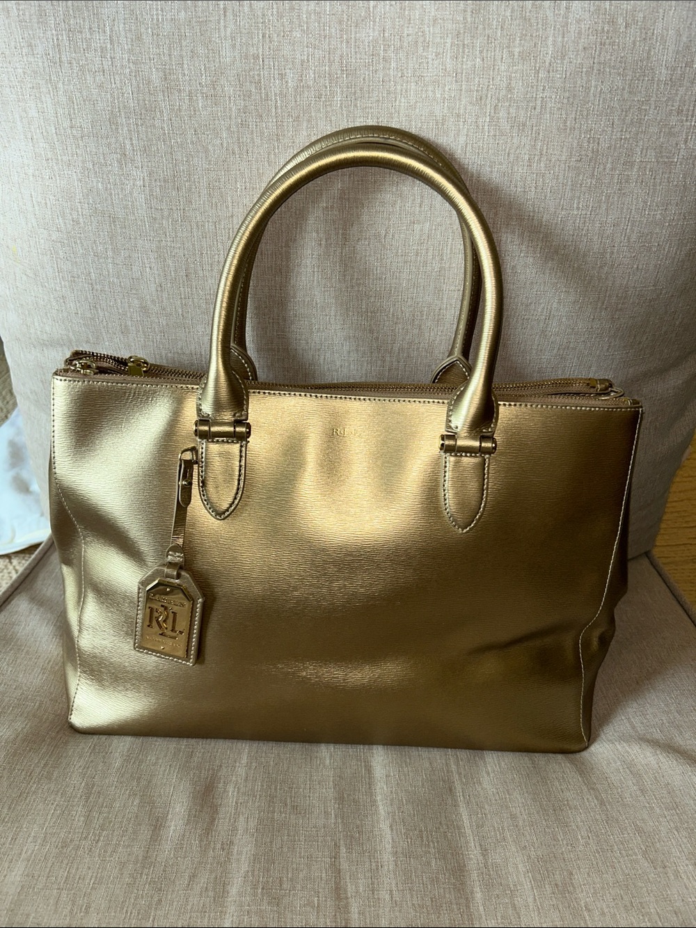 Lauren Ralph Lauren Metallic Gold Tote with Branded Tag